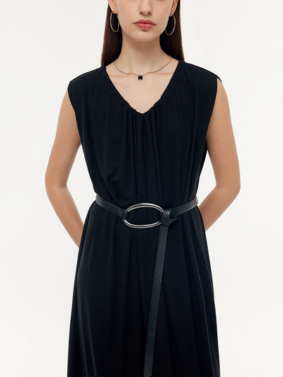 Tencel Knit Women Sleeveless Midi Dress With Leather Belt