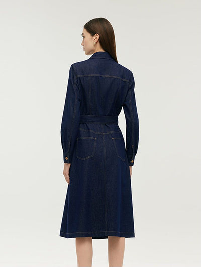 Denim Lapel Women Midi Dress With Belt