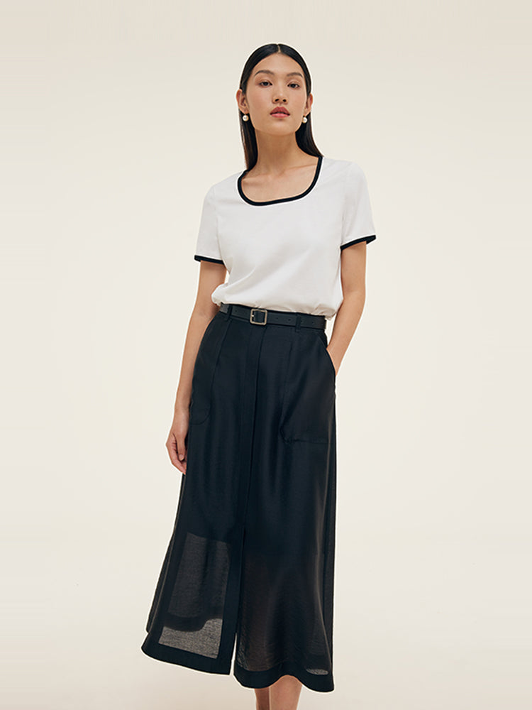 Contrast Trim Knit Top And Skirt Two-Piece Set With Belt