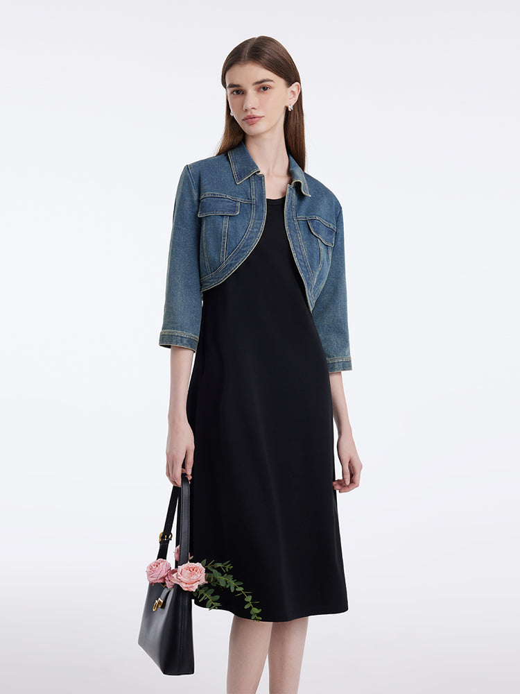 Denim Crop Jacket And Knitted Vest Dress Two-Piece Set