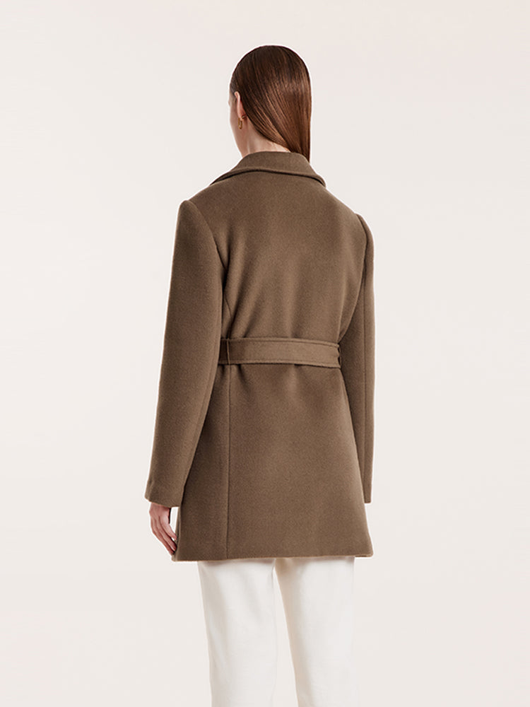 Brown Tencel Wool Notched Lapel Coat With Belt