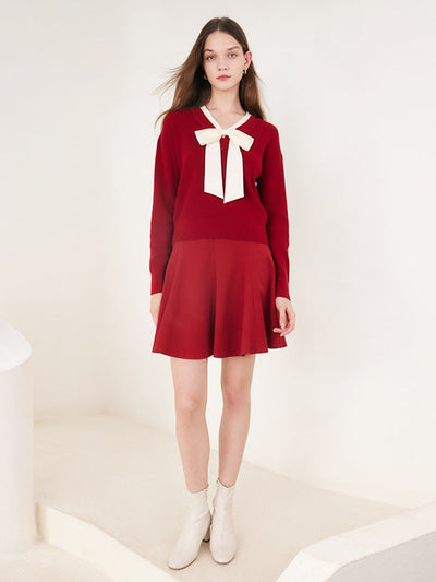 Red Bowknot Patchwork Woven Sweater