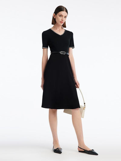 Gathered Waist Acetate Midi Black Dress With Leather Belt