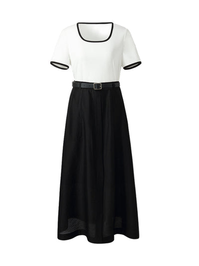 Contrast Trim Knit Top And Skirt Two-Piece Set With Belt