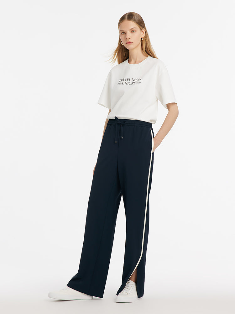 Contrast Trim Straight Women Pants With Elastic Waistband