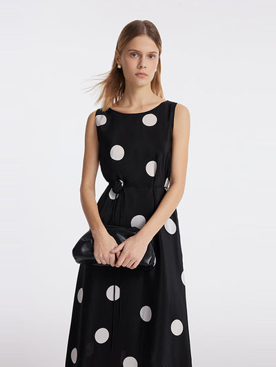 16 Momme Mulberry Silk Polka Dots Printed Women Vest Midi Dress With Belt And Rose Clip And Bottomed Skirt