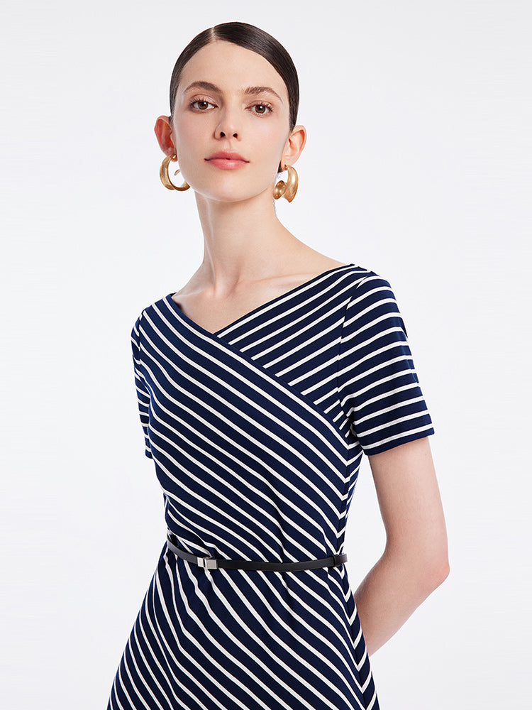 Knitted Stripe Midi Dress With Leather Belt