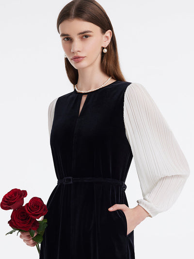 Pleated Sleeves Velvet Patchwork Women Midi Dress