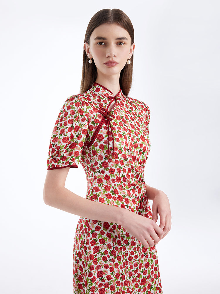 Red Rose Printed Cheongsam Qipao Women Midi Dress