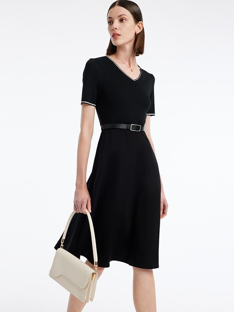 Gathered Waist Acetate Midi Black Dress With Leather Belt