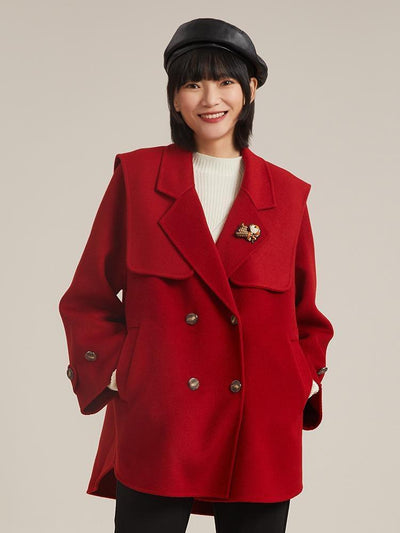 Tencel Woolen Double-Faced Coat With Detachable Shawl And Brooch