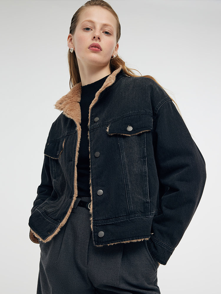 Denim Stand Collar Women Jacket