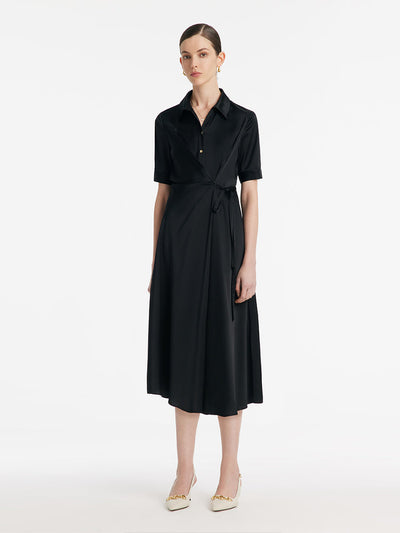 Triacetate Lapel Tied Gathered Waist Women Midi Dress