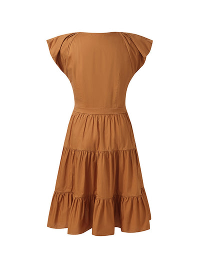 100% Cotton Ruffle Sleeve Gathered Waist Women Mini Dress