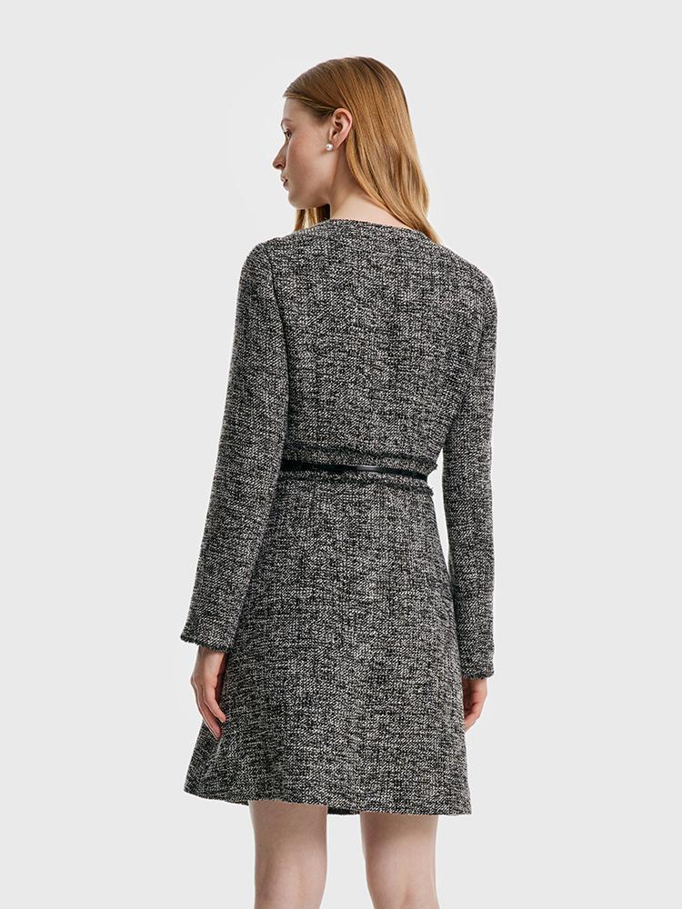 Round Neck Tweed Dress With Belt