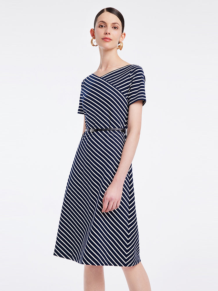 Knitted Stripe Midi Dress With Leather Belt