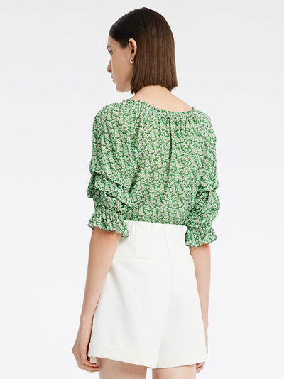 Green Floral Women Blouse And Shorts Two-Piece Set