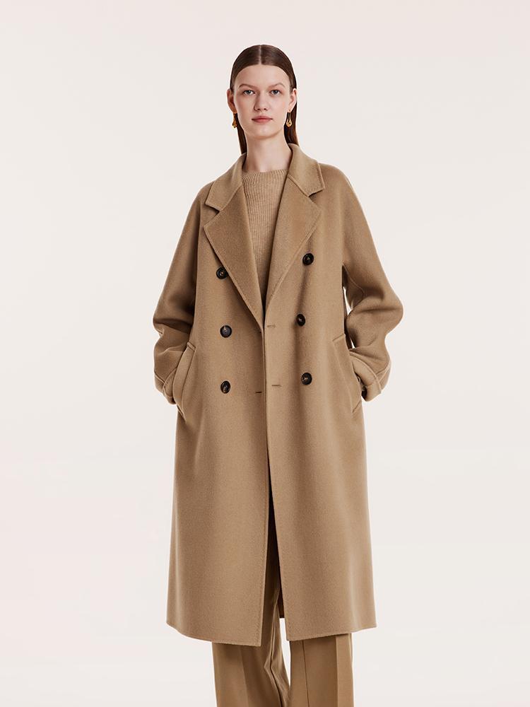 Pure Cashmere Double-Breasted Women Coat With Beret