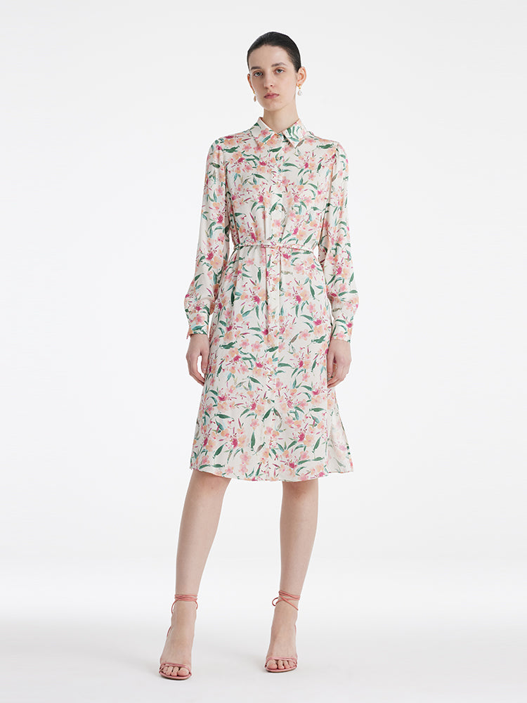 19 Momme Mulberry Silk Floral Printed Women Midi Shirt Dress With Belt