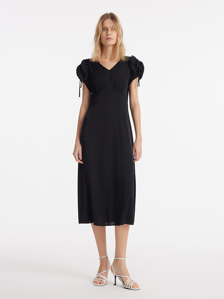 19 Momme Mulberry Silk Drawstring Sleeves Women Midi Dress