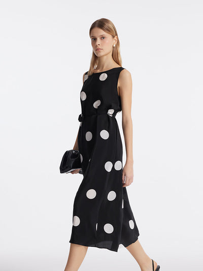 16 Momme Mulberry Silk Polka Dots Printed Women Vest Midi Dress With Belt And Rose Clip And Bottomed Skirt