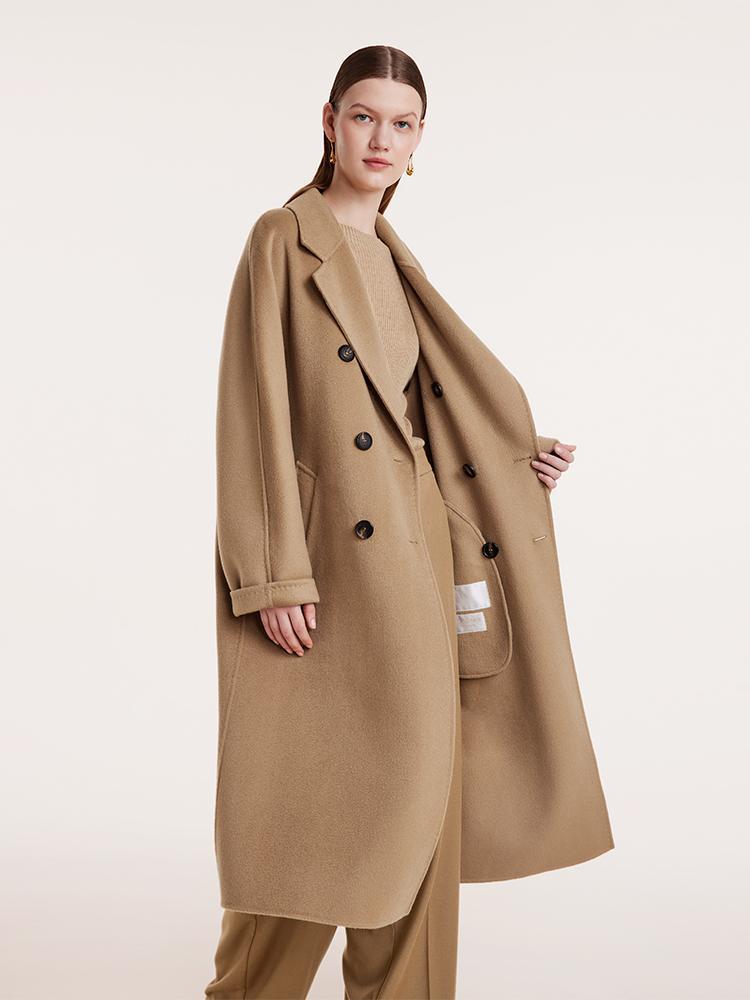 Pure Cashmere Double-Breasted Women Coat With Beret