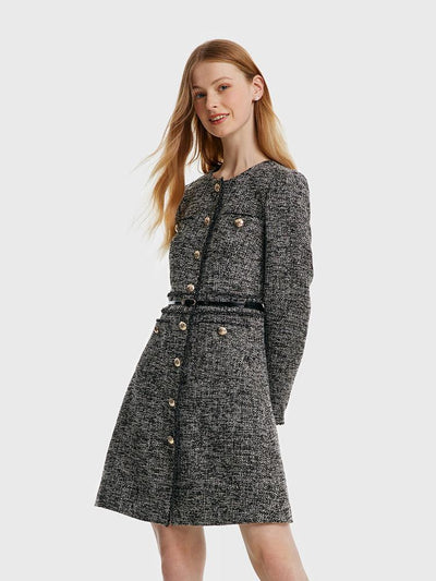 Round Neck Tweed Dress With Belt