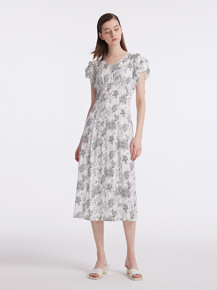 20 Momme Mulberry Silk Iris Printed Drawstring Sleeves Women Midi Dress