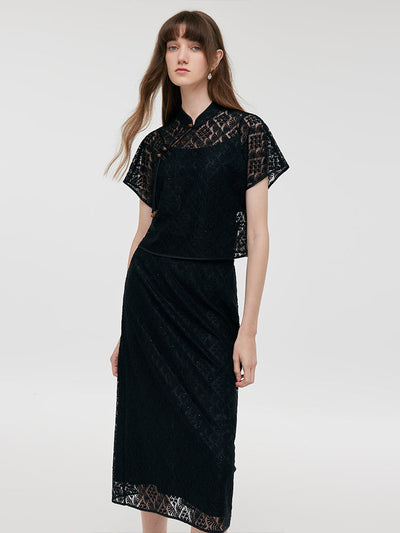 New Chinese-Style Lace Top And Skirt And Camisole Three-Piece Set