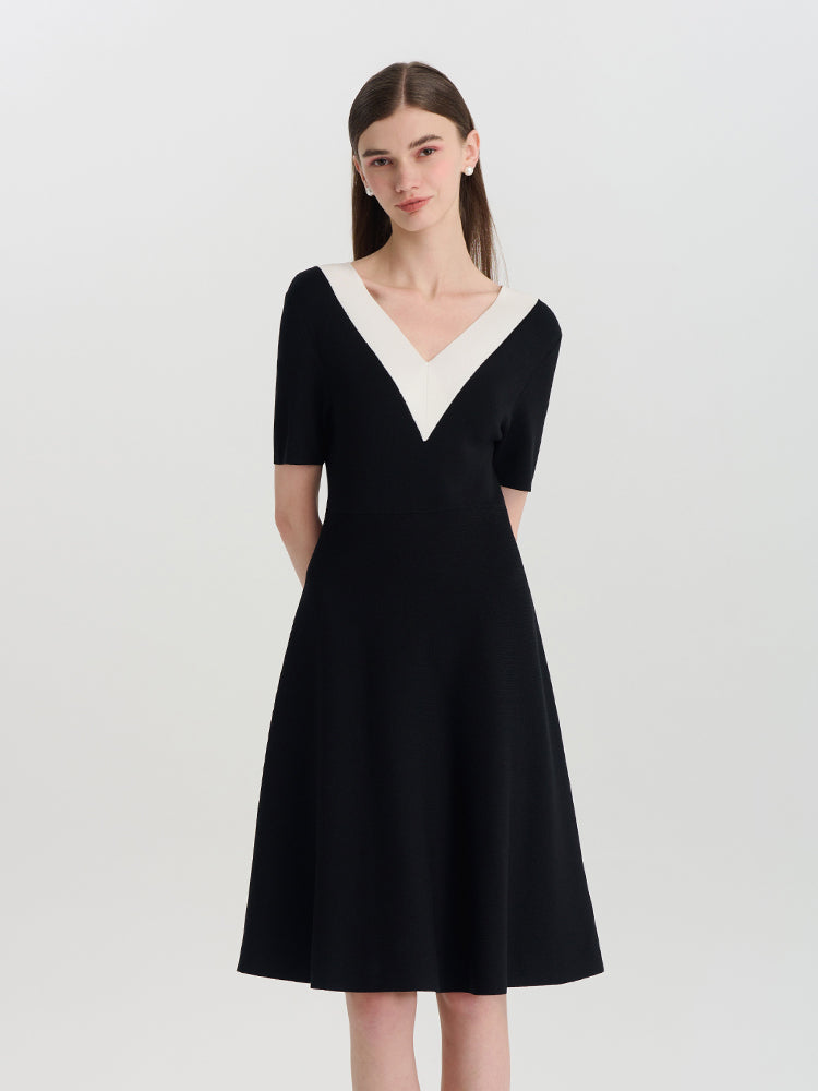 Contrast V-Neck Slim Knitted Women Midi Dress