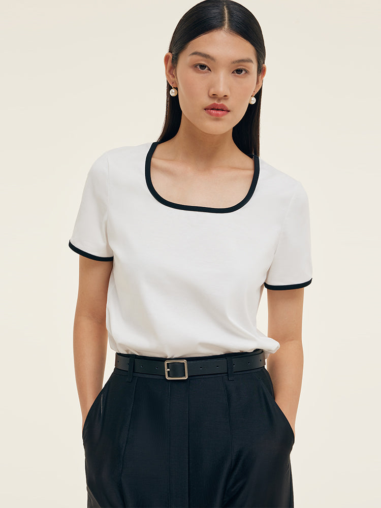 Contrast Trim Knit Top And Skirt Two-Piece Set With Belt