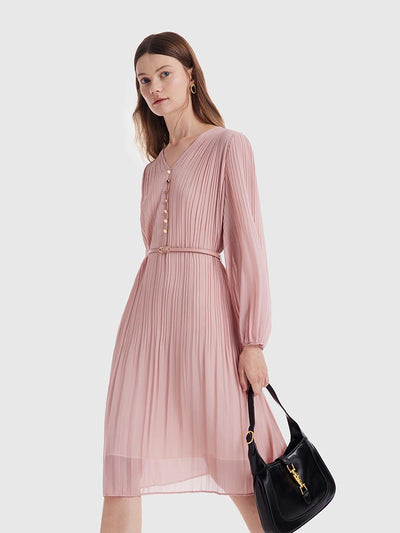 Pink Ruched Midi Dress With Belt