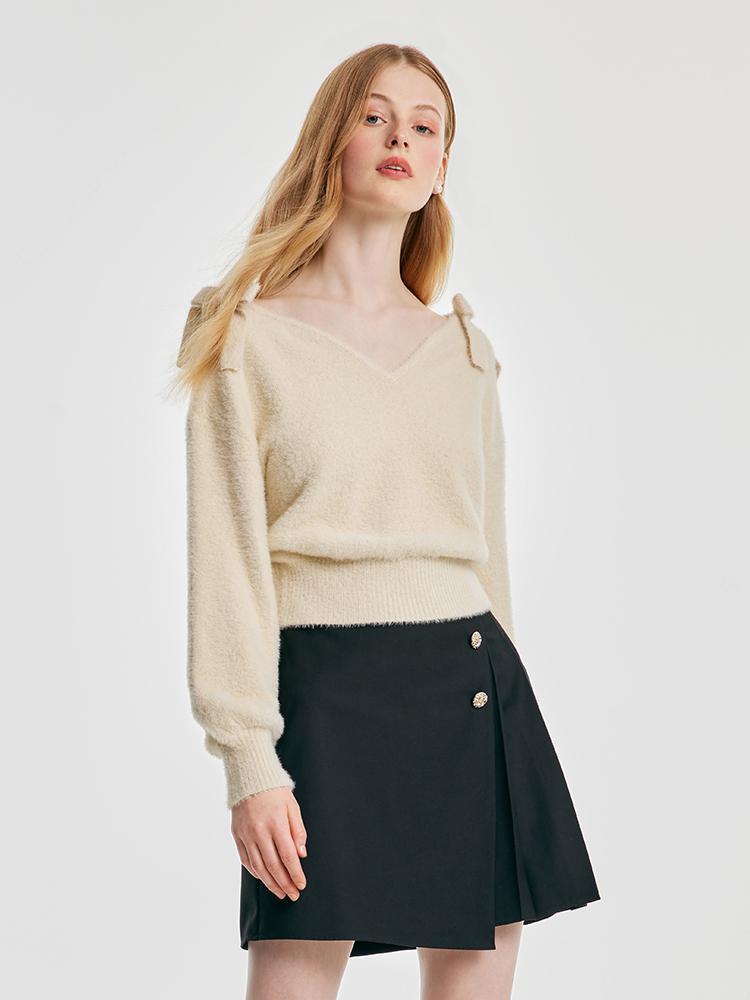 V-neck Tencel And Woolen Sweater With Bows