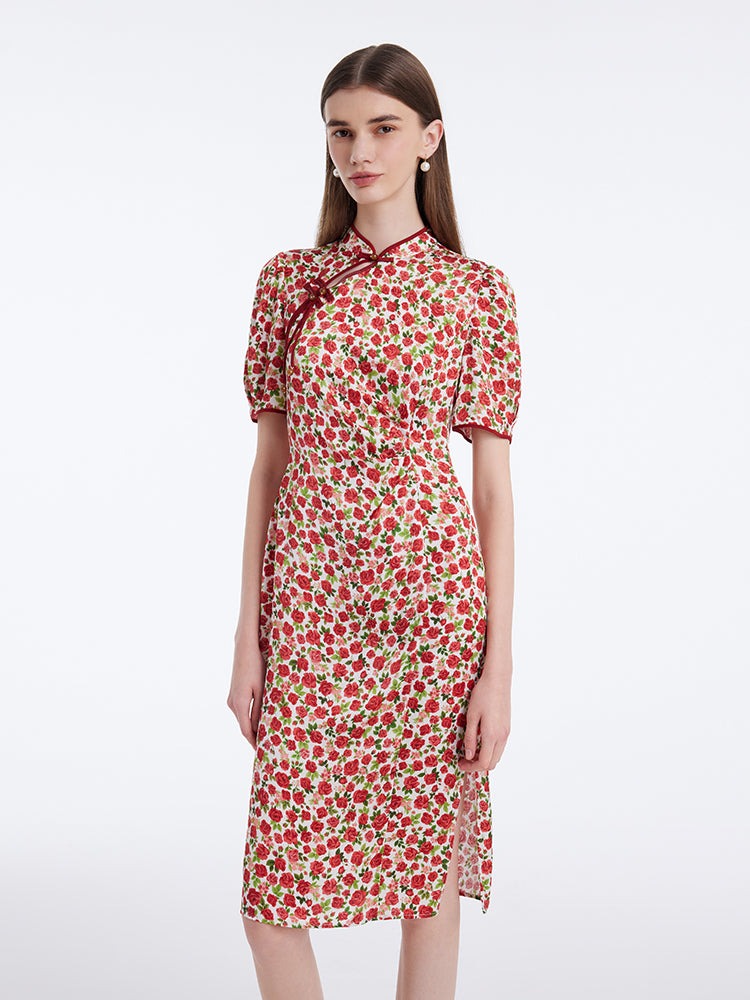 Red Rose Printed Cheongsam Qipao Women Midi Dress