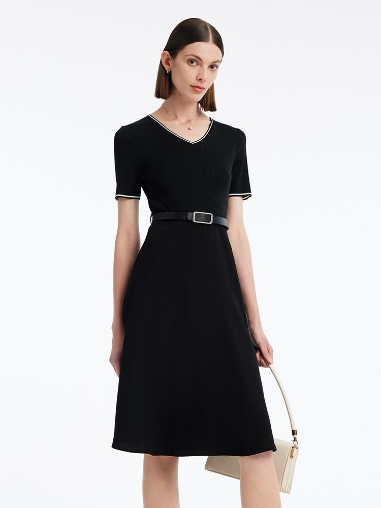 Gathered Waist Acetate Midi Black Dress With Leather Belt