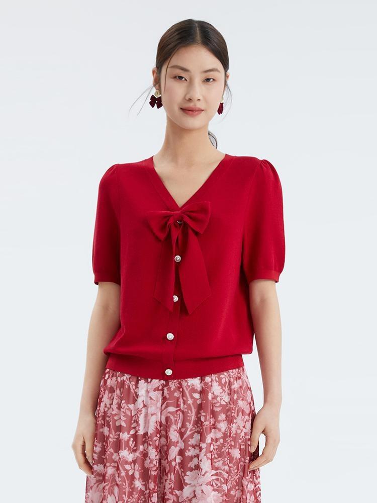 Red V-neck Detachable Bowknot Knit Top