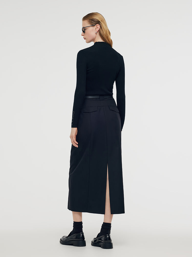 Back Slit Women Column Midi Skirt With Belt