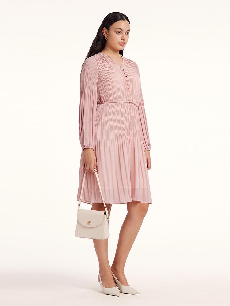 Pink Ruched Midi Dress With Belt