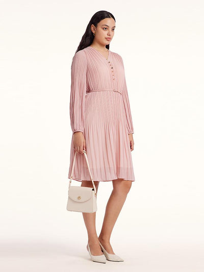 Pink Ruched Midi Dress With Belt