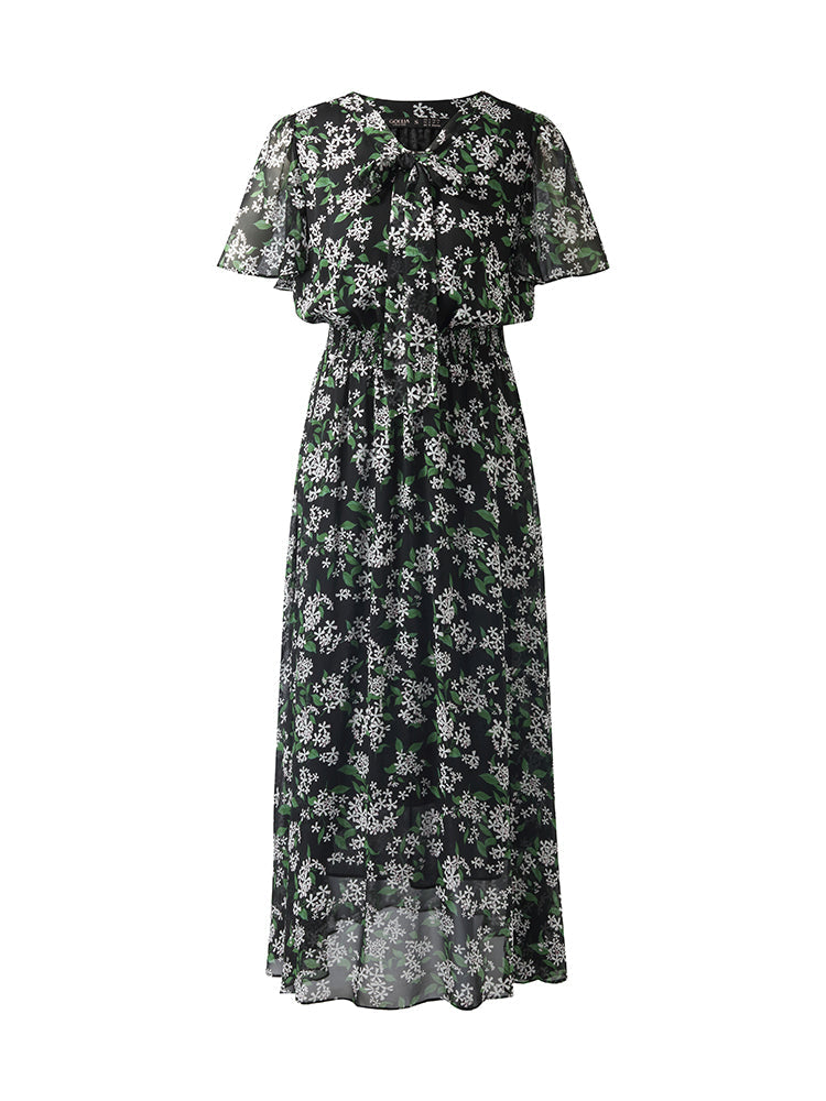 10 Momme Mulberry Silk Floral Printed Bow Tie Neck Women Midi Dress