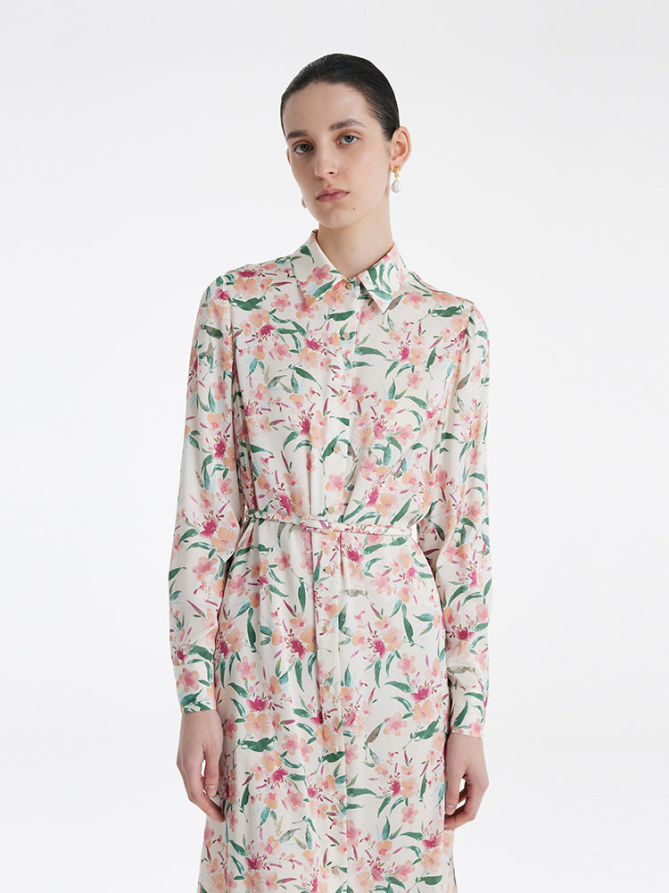 19 Momme Mulberry Silk Floral Printed Women Midi Shirt Dress With Belt