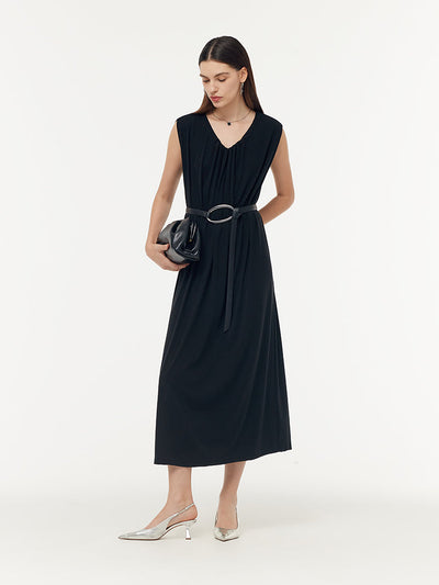 Tencel Knit Women Sleeveless Midi Dress With Leather Belt