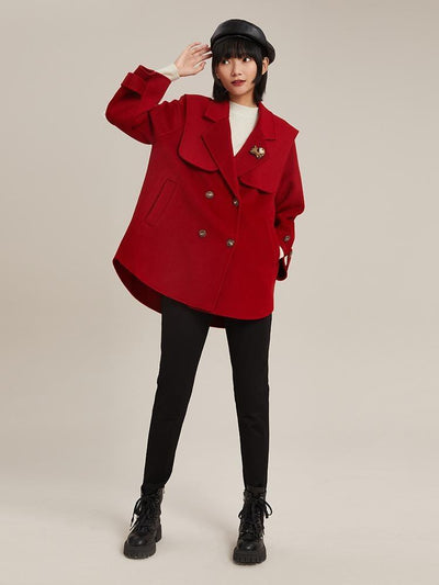 Tencel Woolen Double-Faced Coat With Detachable Shawl And Brooch