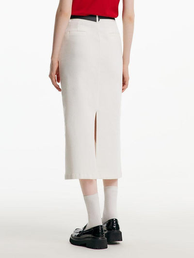 Split White Denim Long Skirt With Belt