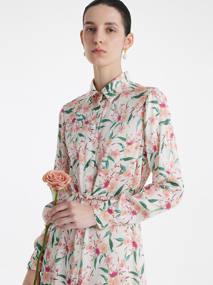 19 Momme Mulberry Silk Floral Printed Women Midi Shirt Dress With Belt