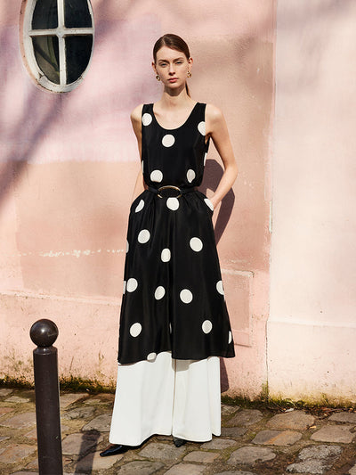 16 Momme Mulberry Silk Polka Dots Printed Women Vest Midi Dress With Belt And Rose Clip And Bottomed Skirt