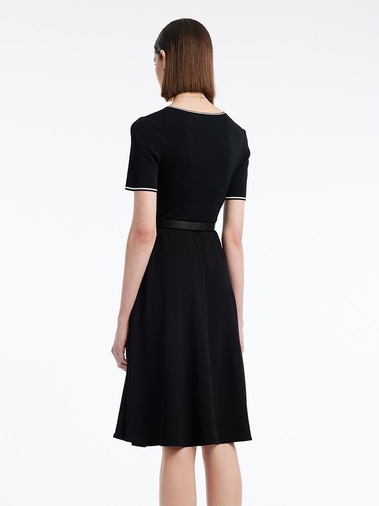 Gathered Waist Acetate Midi Black Dress With Leather Belt