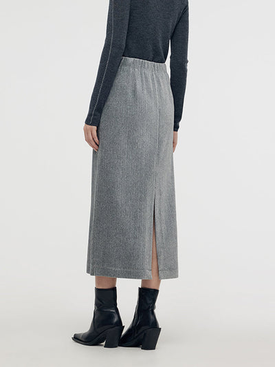 Stretch Back Slit Knitted Women Midi Skirt