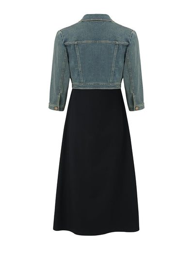 Denim Crop Jacket And Knitted Vest Dress Two-Piece Set