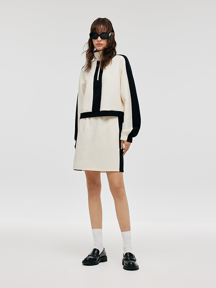 Contrast Trim Zippered Collar Sweatshirt And Skirt Two-Piece Set